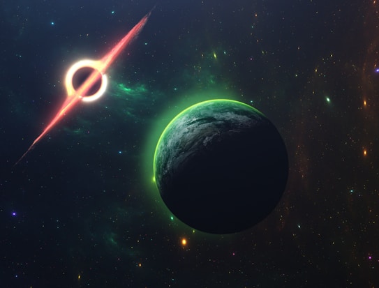 A celestial scene featuring a dark planet with a green glow around its edges, set against a starry backdrop. A bright, glowing ring or black hole with vibrant energy trails stands out on the left side of the composition.