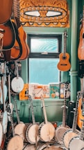 A warm and inviting Mediterranean-style office space with musical instruments.