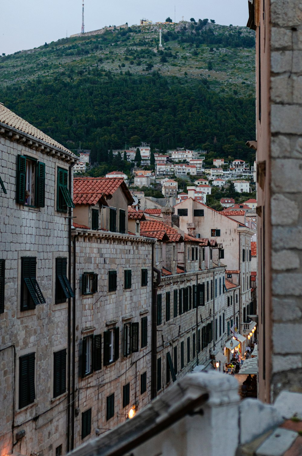 a view of a city with a hill in the background