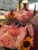 A vibrant display of floral bouquets featuring a variety of brightly colored flowers. The arrangements include sunflowers, dahlias, and delicate lavender spikes, all wrapped in pastel-colored paper. The scene is set in what appears to be a flower shop with a blurred and colorful background.
