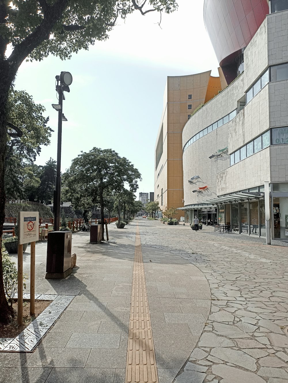 a street with a tree and a building in the background