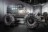 A futuristic armored vehicle prototype on display.