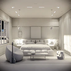 A serene bedroom featuring soft textures, ambient lighting, and minimalist decor.