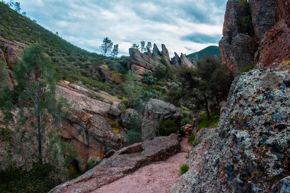 a rocky mountain with a trail going through it