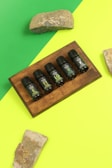A selection of Bach flower remedies arranged on a wooden table