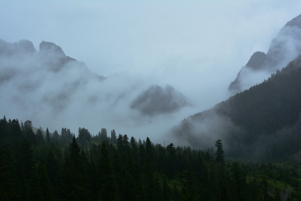 Ein Berg, der in Nebel und tiefliegende Wolken gehüllt ist
