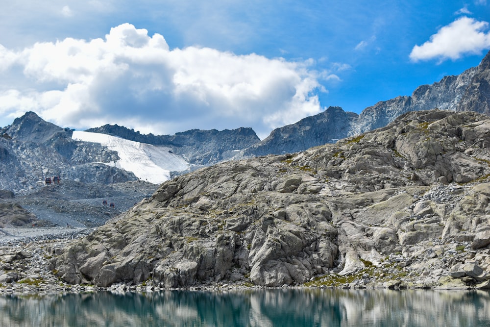 a mountain range with a lake in the foreground