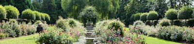 A beautifully manicured garden with neatly trimmed hedges and vibrant flower beds. A serene water feature runs through the center, and a person wearing a hat sits among the blooms, enjoying the peaceful environment. Tall trees surround the garden, providing shade and a sense of seclusion.