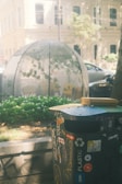 An outdoor scene showing a trash can adorned with various stickers in the foreground. Behind the trash can, there is a dome-shaped greenhouse or plant enclosure with visible green plants inside. There are buildings and parked cars in the background, and flowers and shrubs in the middle ground.