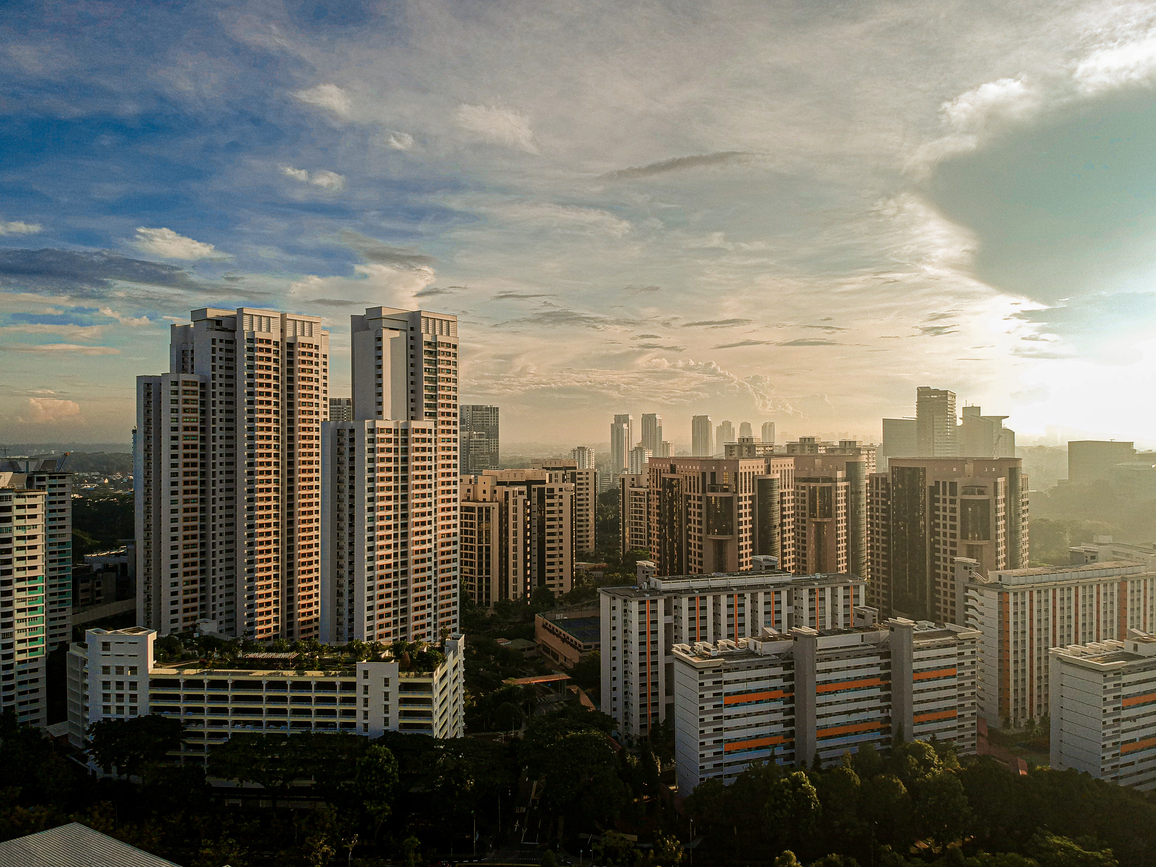 Singapore housing estates and condominiums at golden hour