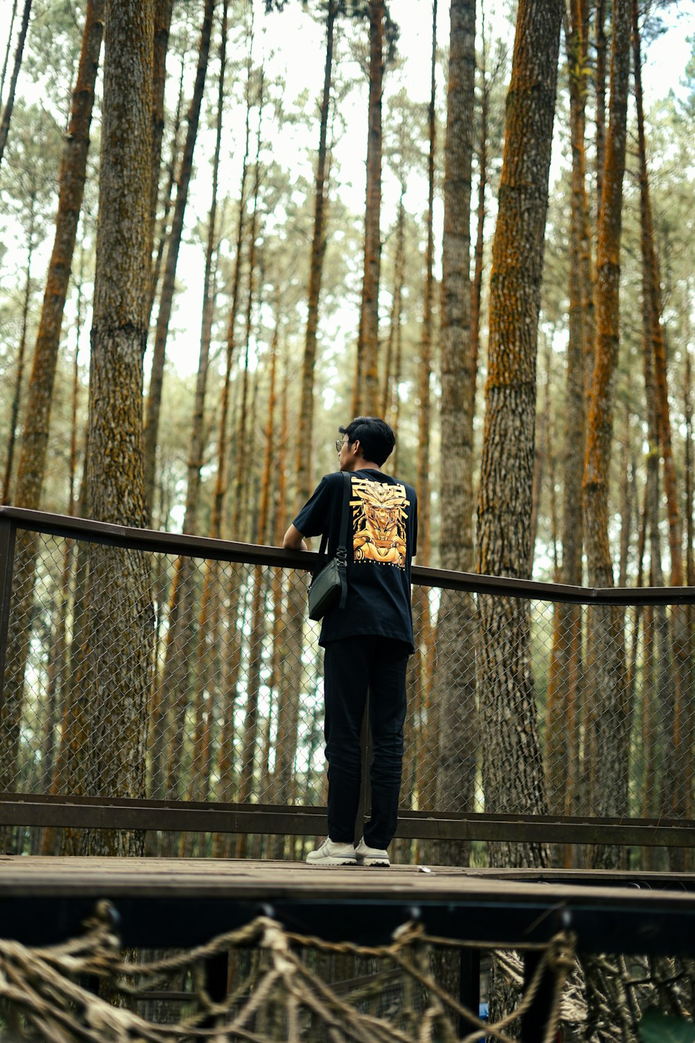 Una persona parada en un puente en el bosque