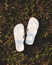 A pair of white flip-flops is placed on grass, casting soft shadows due to the warm sunlight.