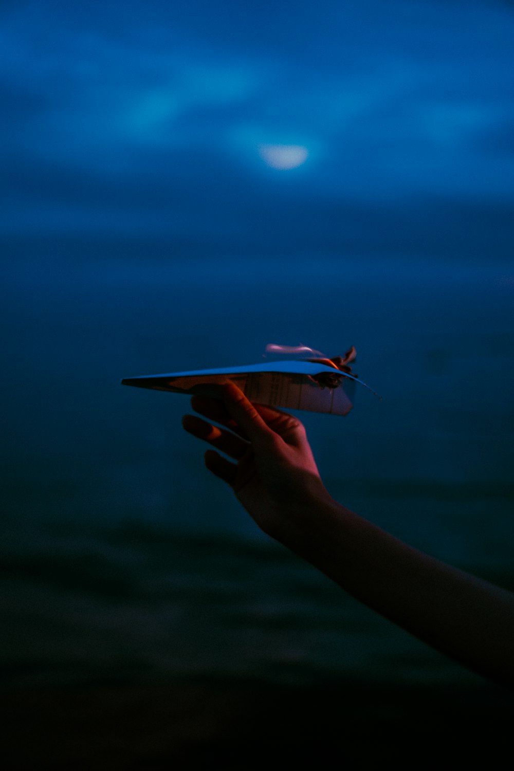 a hand holding a paper airplane in front of a body of water