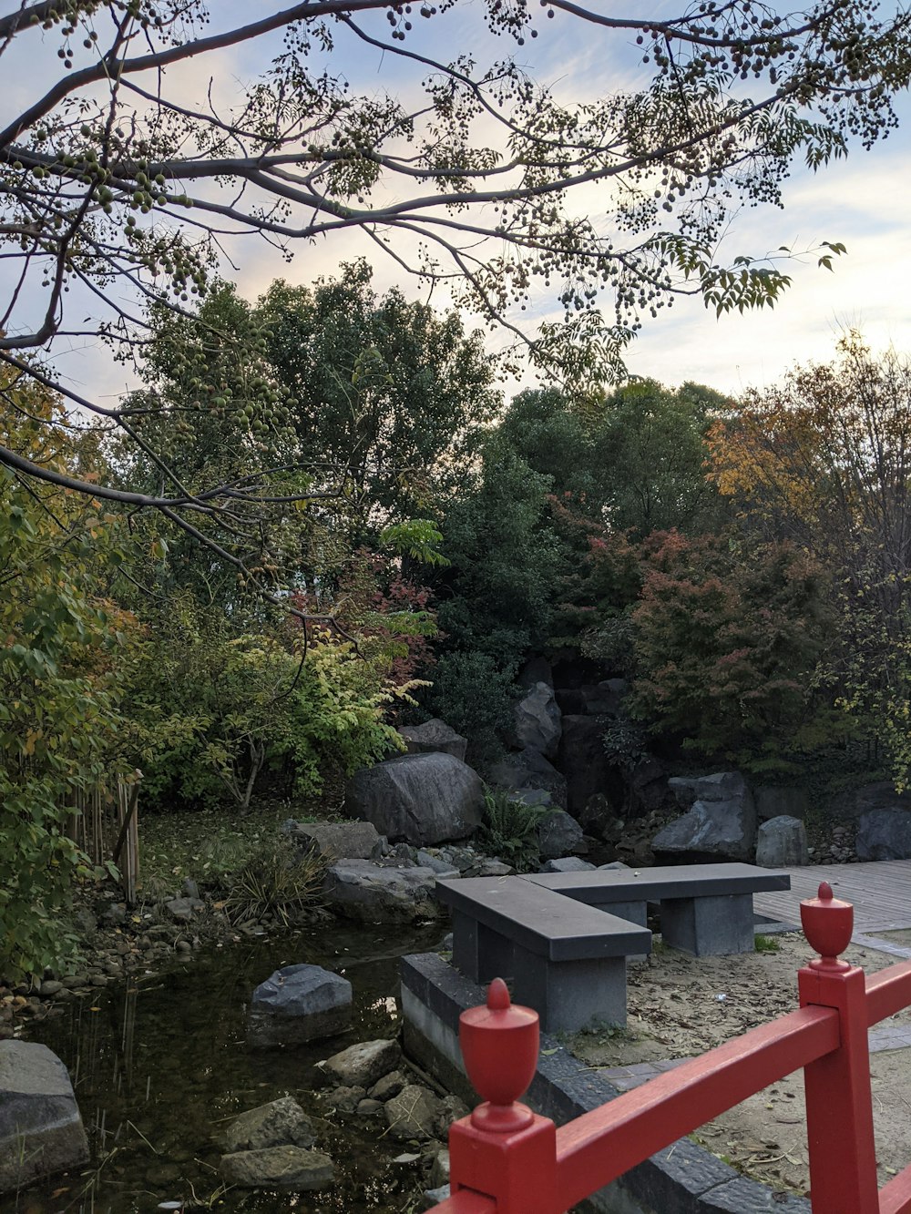 a park with benches and a stream of water