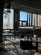 Cozy modern café interior with white and blue tones, sunlight streaming through large windows.