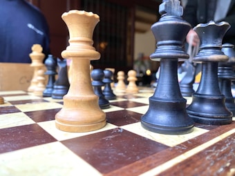 A close-up view of a chessboard with wooden pieces in play. The focus is on the kings and queens, prominently positioned on the board. The background is slightly blurred, hinting at a warm and calm indoor setting. The chess pieces are made of contrasting light and dark wood.