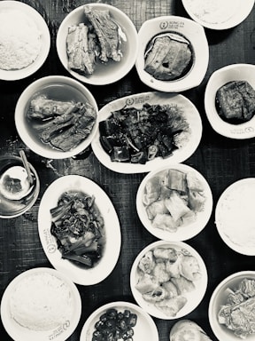 A colorful spread of various dishes arranged beautifully on a table.
