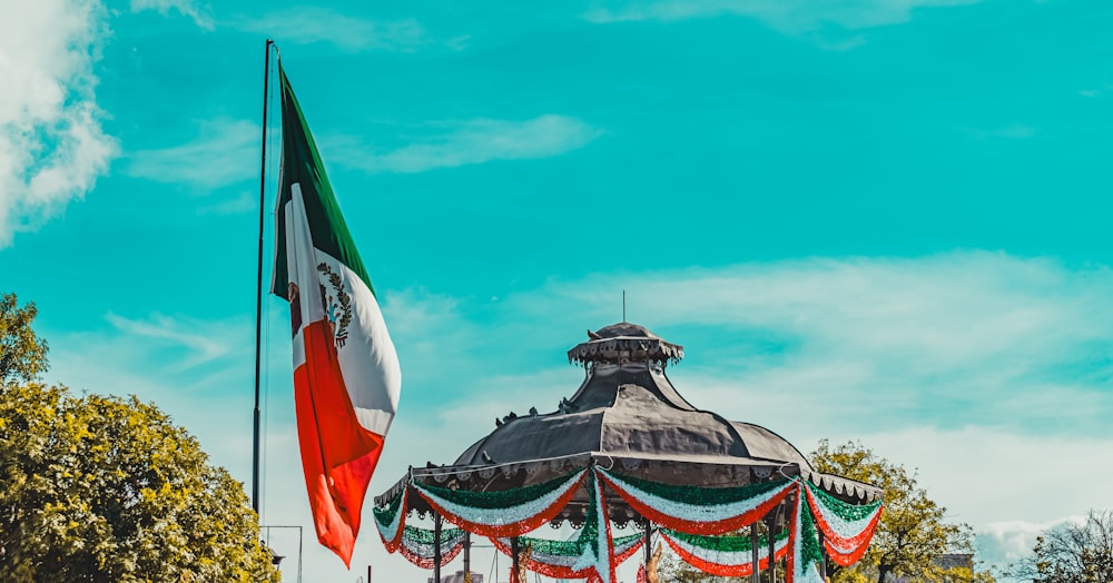 a flag and a flag pole in front of a building