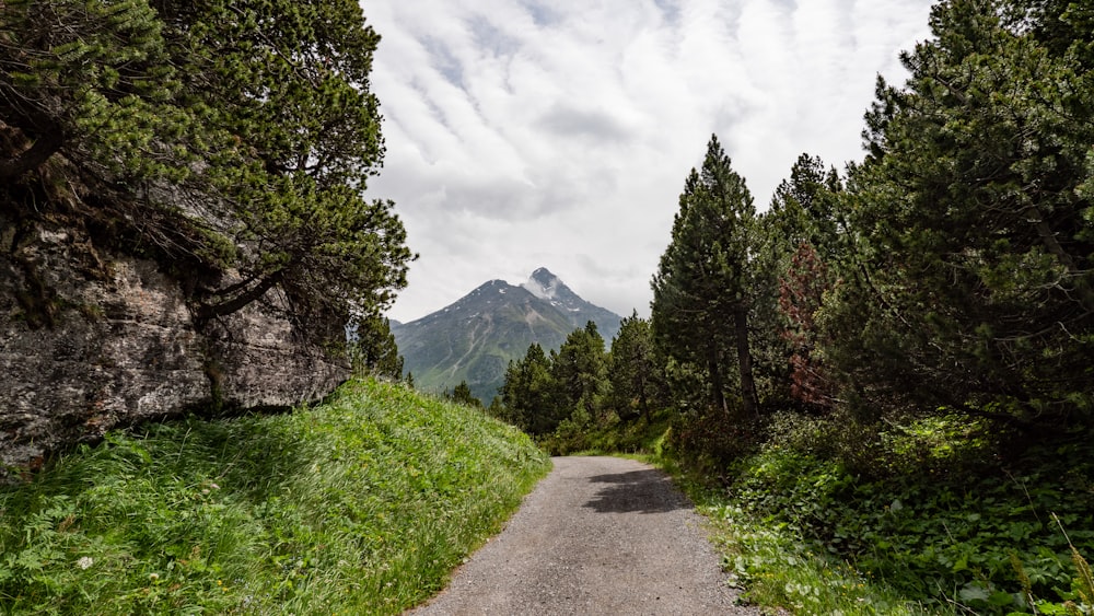 a dirt road with a mountain in the background