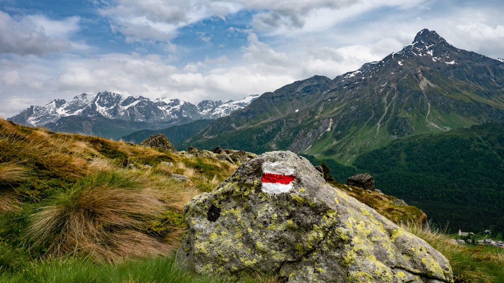 a rock with a face painted on it in the mountains