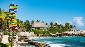 A tropical beach scene with a colorful signpost pointing towards various countries. There is a thatched-roof hut in the background surrounded by lush palm trees. Crystal-clear blue water and rocky coastline create a picturesque seaside atmosphere.