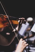 A close-up of a person playing a violin, with focus on the violin strings and bow. The background is blurred, suggesting a musical performance or practice session.