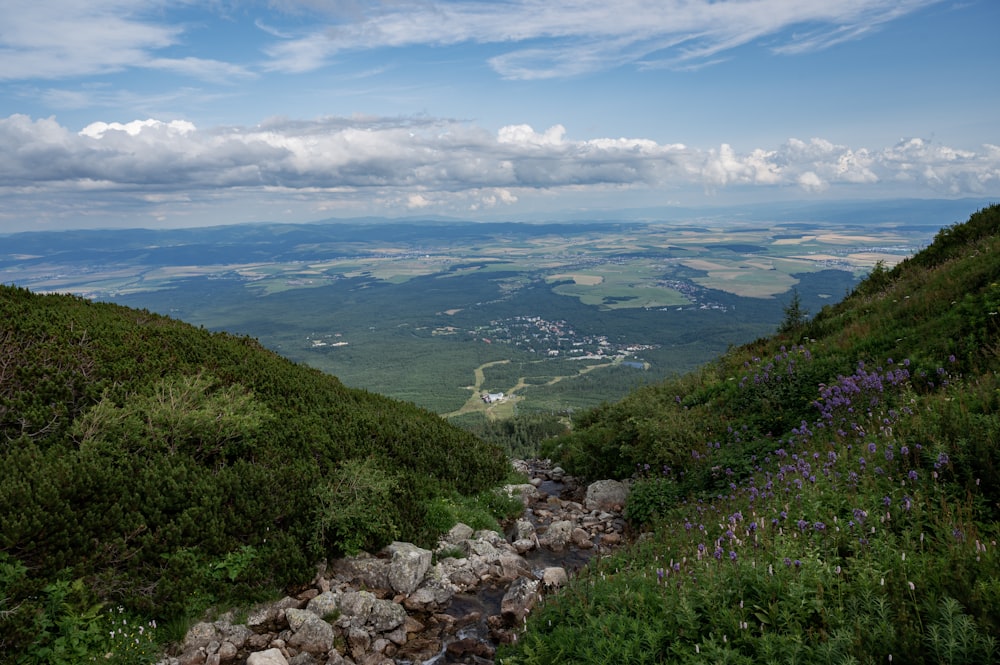 a view of a valley and mountains from a hill