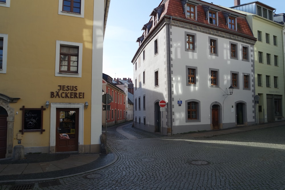 a cobblestone street in a european city