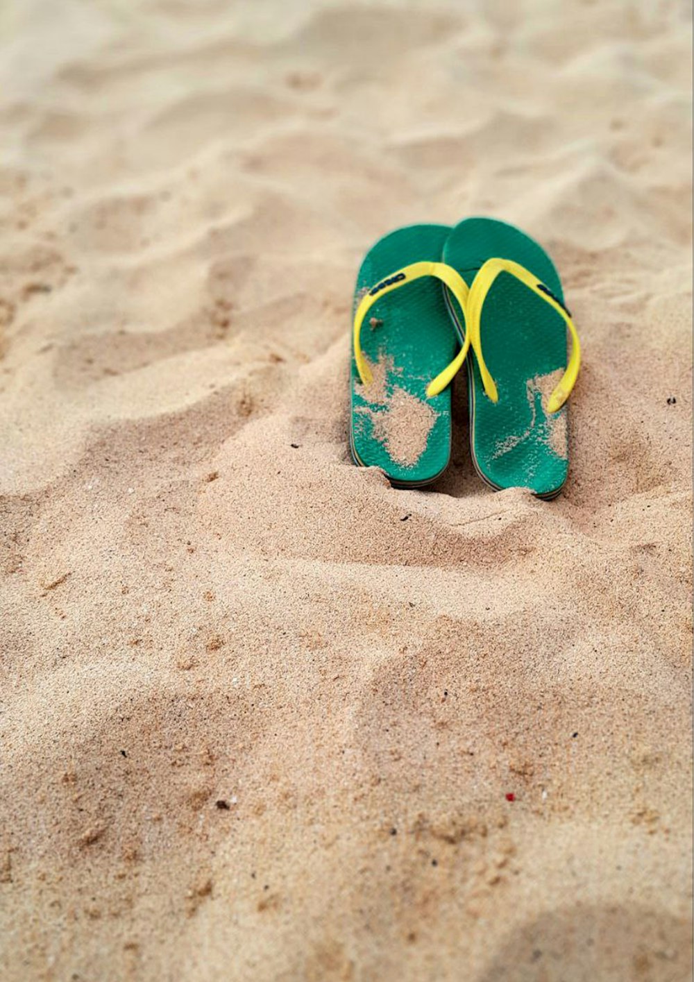 a pair of green and yellow flip flops in the sand