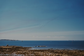 A serene coastal landscape with clear skies and several small aircraft flying in formation, leaving red, white, and blue smoke trails. The ocean is calm, and the shoreline is rocky, with some distant land visible along the horizon.