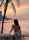 Elegant woman enjoying a sunset view over Palm Beach coastline.