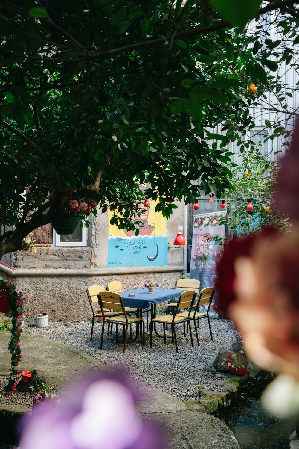 a table and chairs under a tree in a courtyard