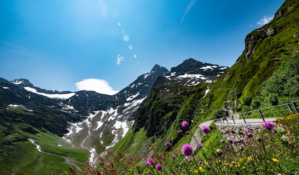 a scenic view of a mountain with a road going through it