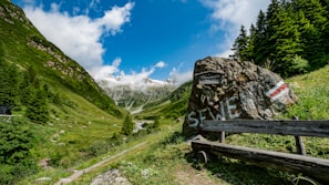 A scenic mountain landscape featuring a lush green valley with a rocky trail leading into the distance. A large rock with painted markings and a wooden bench are in the foreground, surrounded by vibrant trees and hills. Snow-capped peaks can be seen under a bright blue sky with scattered clouds.