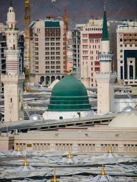 a large building with a green dome in the middle of a city