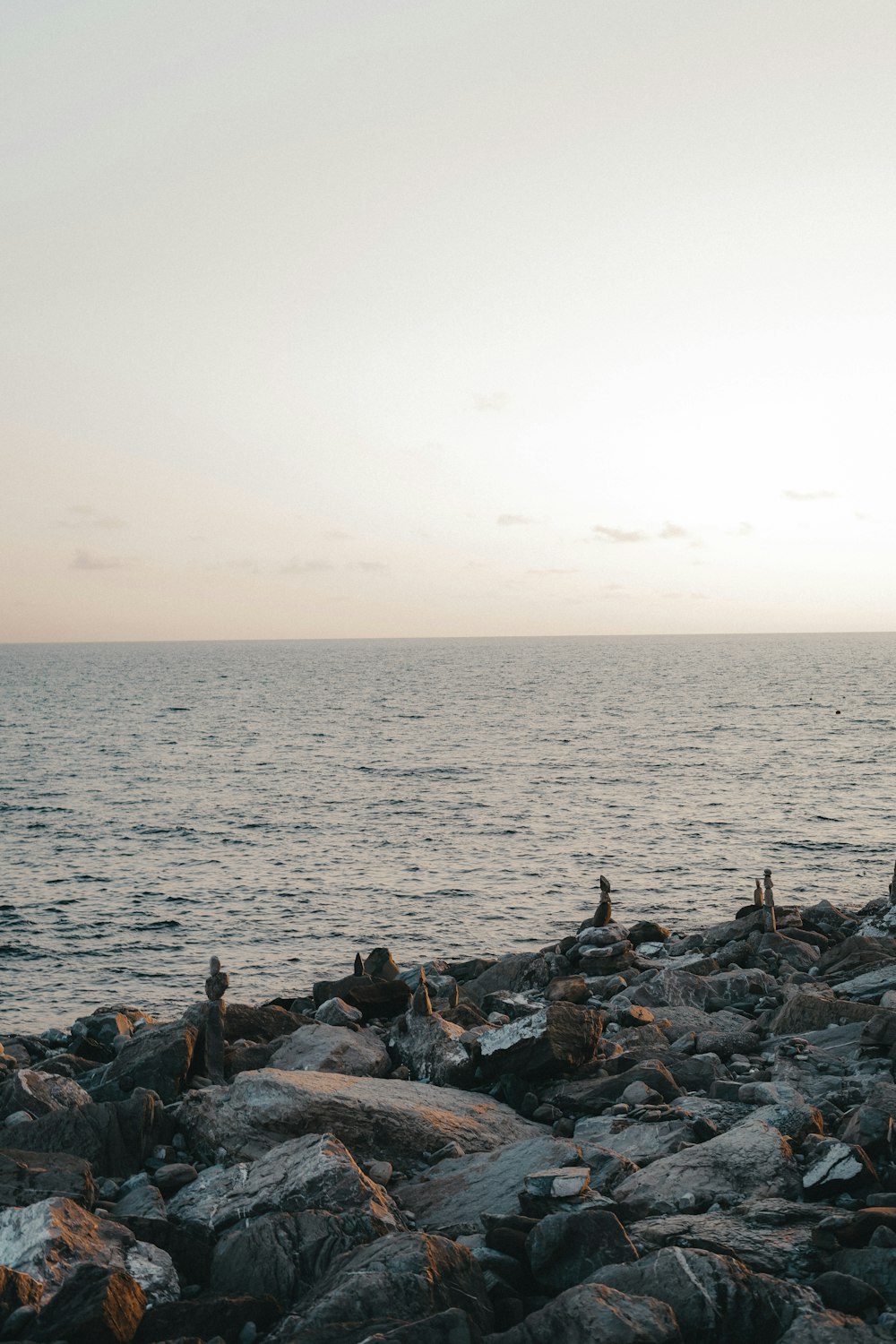 a group of people standing on top of a rocky beach