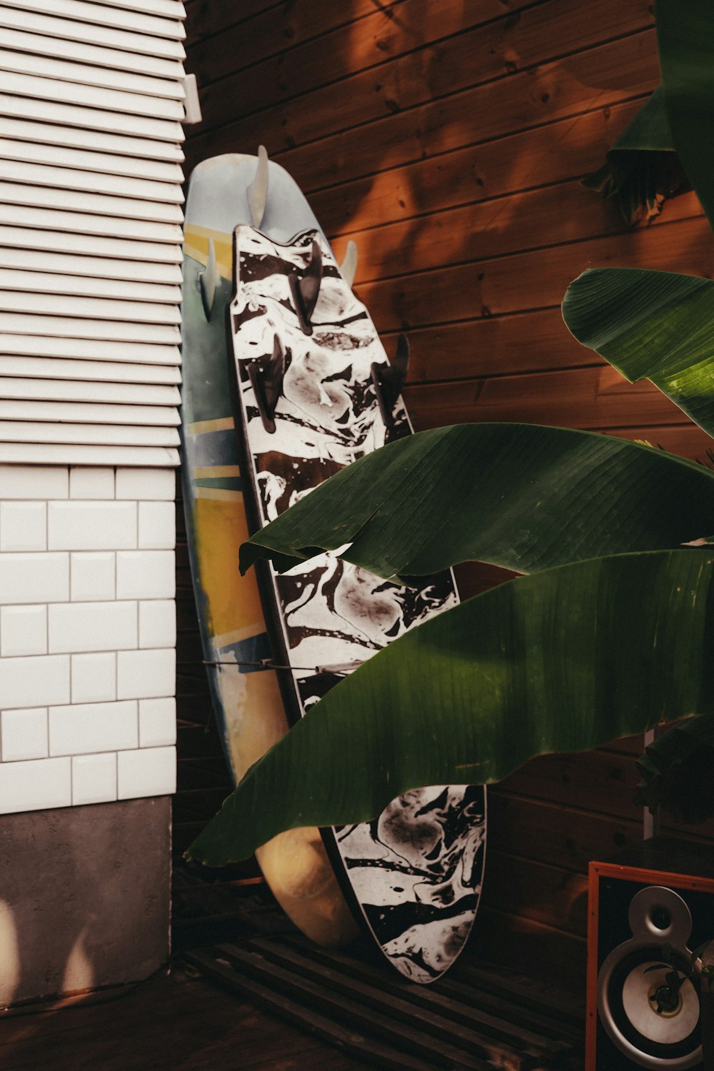 a surfboard leaning up against a wall next to a plant