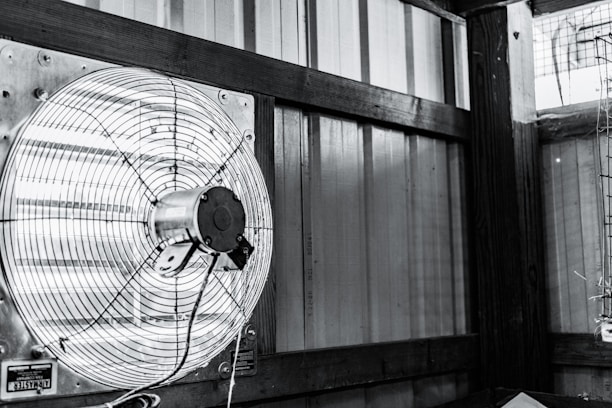 Industrial centrifugal and axial exhaust fans in a factory setting.