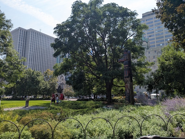 A well-maintained park area featuring lush greenery and a tall tree. A totem pole stands prominently among the plants and trees. People are walking along a path, visible in the background. The scene includes large buildings with a cityscape backdrop, creating a blend of nature and urban environment.
