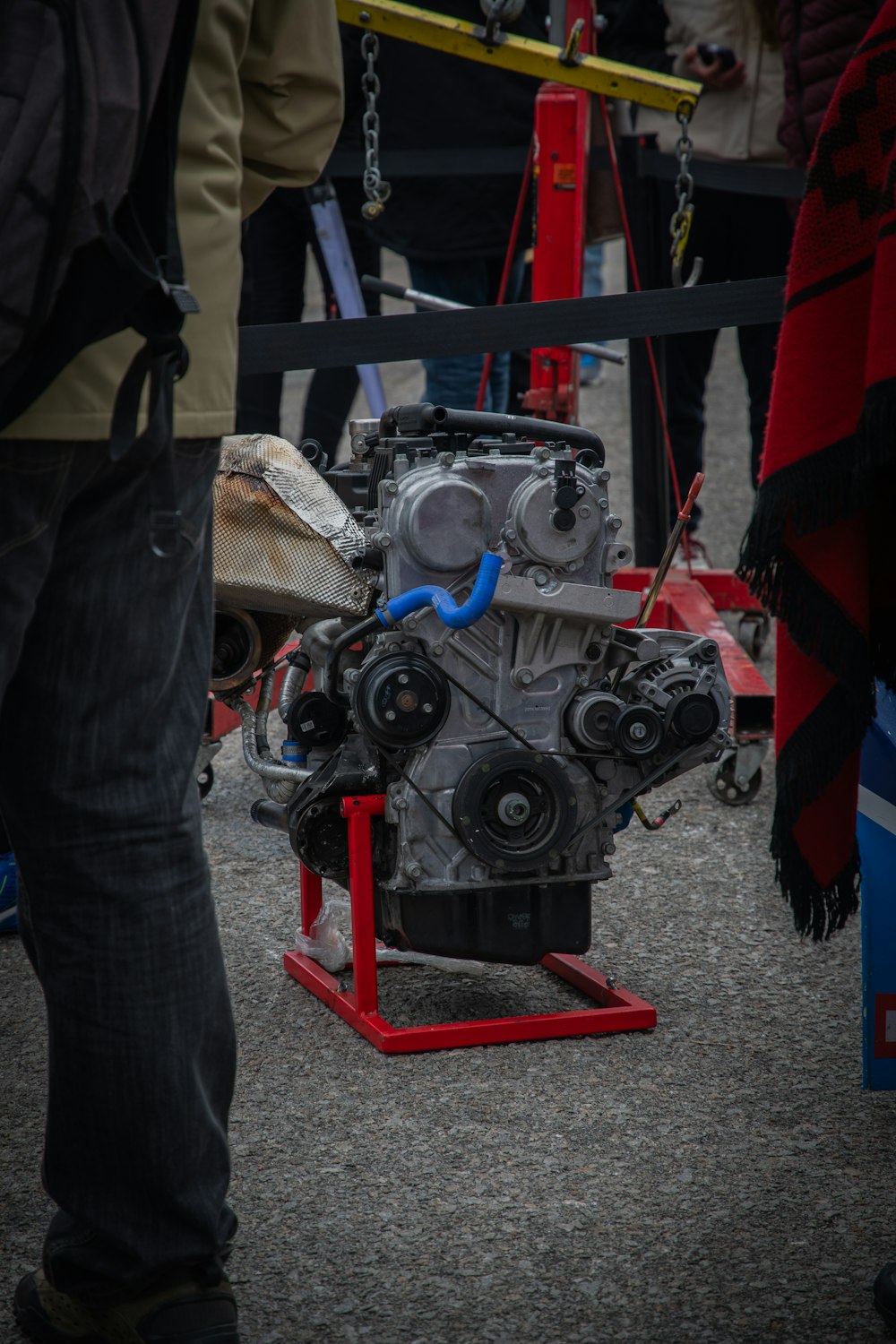 a close up of a engine on a stand