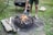 A person wearing flip-flops is crouched near a fire pit, using a canister to help ignite a small fire made of gathered twigs and branches. A wheelbarrow filled with additional wood and sticks is visible in the background on a grassy lawn. Nearby lies a pile of extra wood and an open cardboard box.