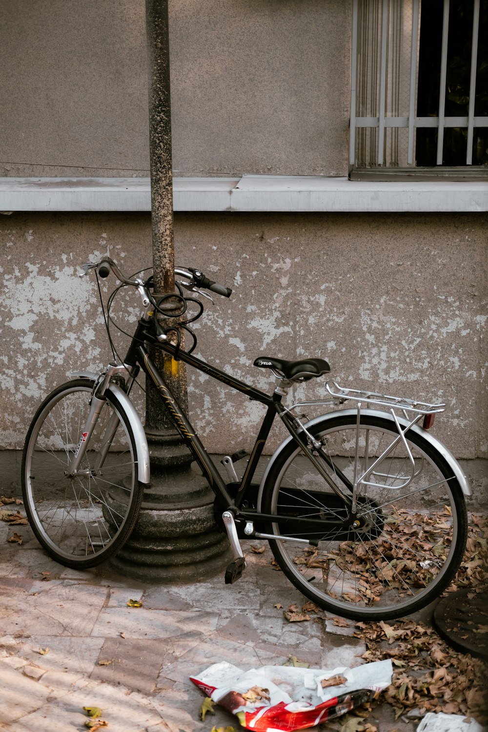 a bicycle parked next to a tree on a sidewalk