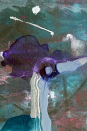 An abstract artwork composed of flowing and layered colors, including shades of teal, purple, and pink. There are dynamic textures suggesting movement, with a blend of dark and light areas. The paint appears to be poured or dripped, creating organic forms and a sense of fluidity.