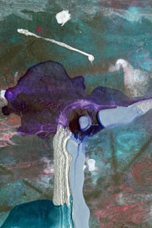 An abstract artwork composed of flowing and layered colors, including shades of teal, purple, and pink. There are dynamic textures suggesting movement, with a blend of dark and light areas. The paint appears to be poured or dripped, creating organic forms and a sense of fluidity.