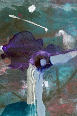 An abstract artwork composed of flowing and layered colors, including shades of teal, purple, and pink. There are dynamic textures suggesting movement, with a blend of dark and light areas. The paint appears to be poured or dripped, creating organic forms and a sense of fluidity.