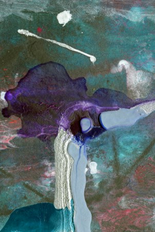 An abstract artwork composed of flowing and layered colors, including shades of teal, purple, and pink. There are dynamic textures suggesting movement, with a blend of dark and light areas. The paint appears to be poured or dripped, creating organic forms and a sense of fluidity.