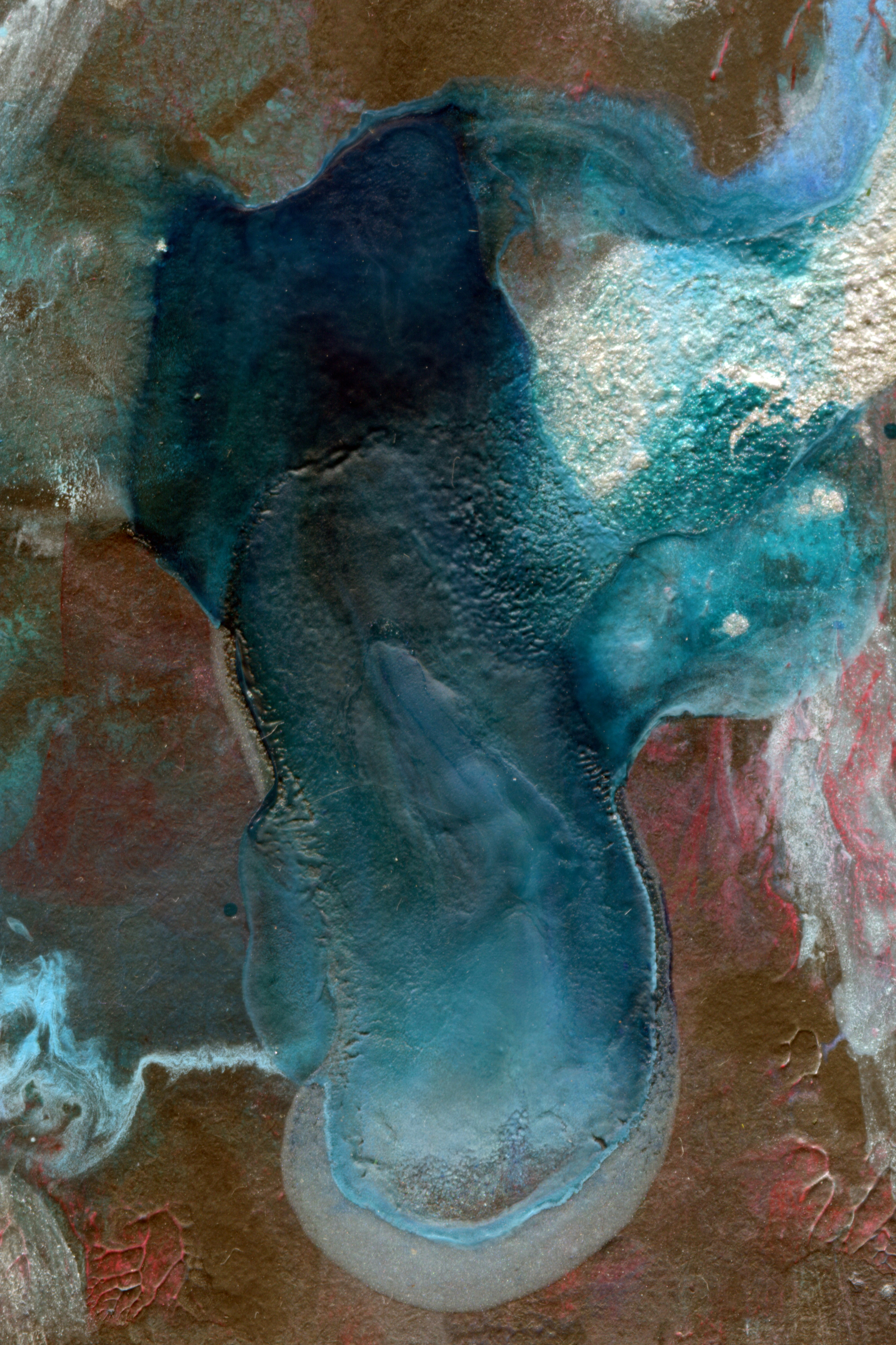 Abstract watercolor painting with flowing greens browns and blues inspired by forest floor textures