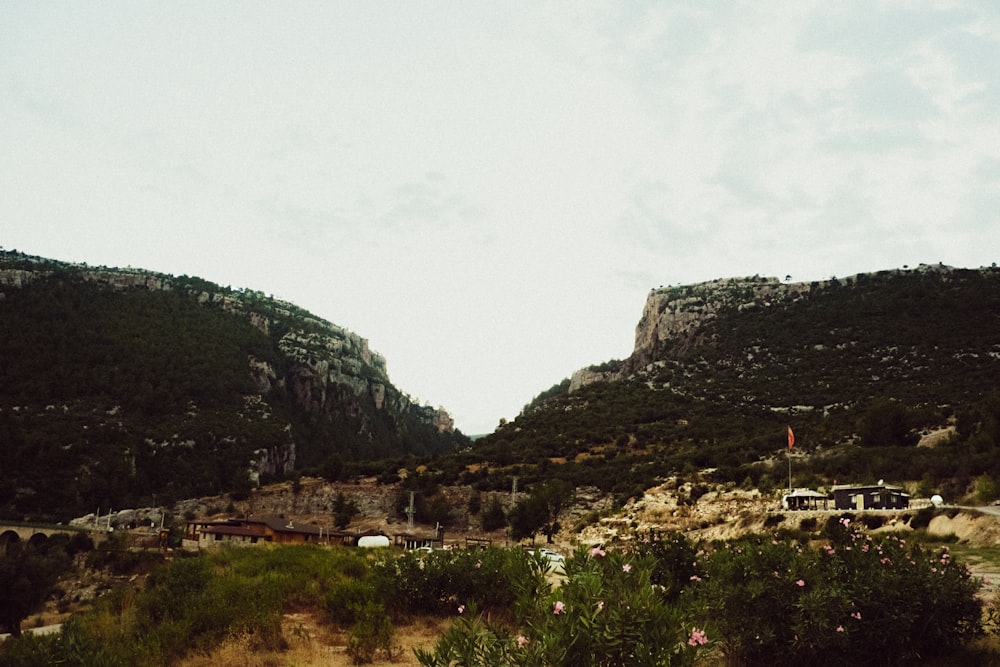 a scenic view of a valley with mountains in the background