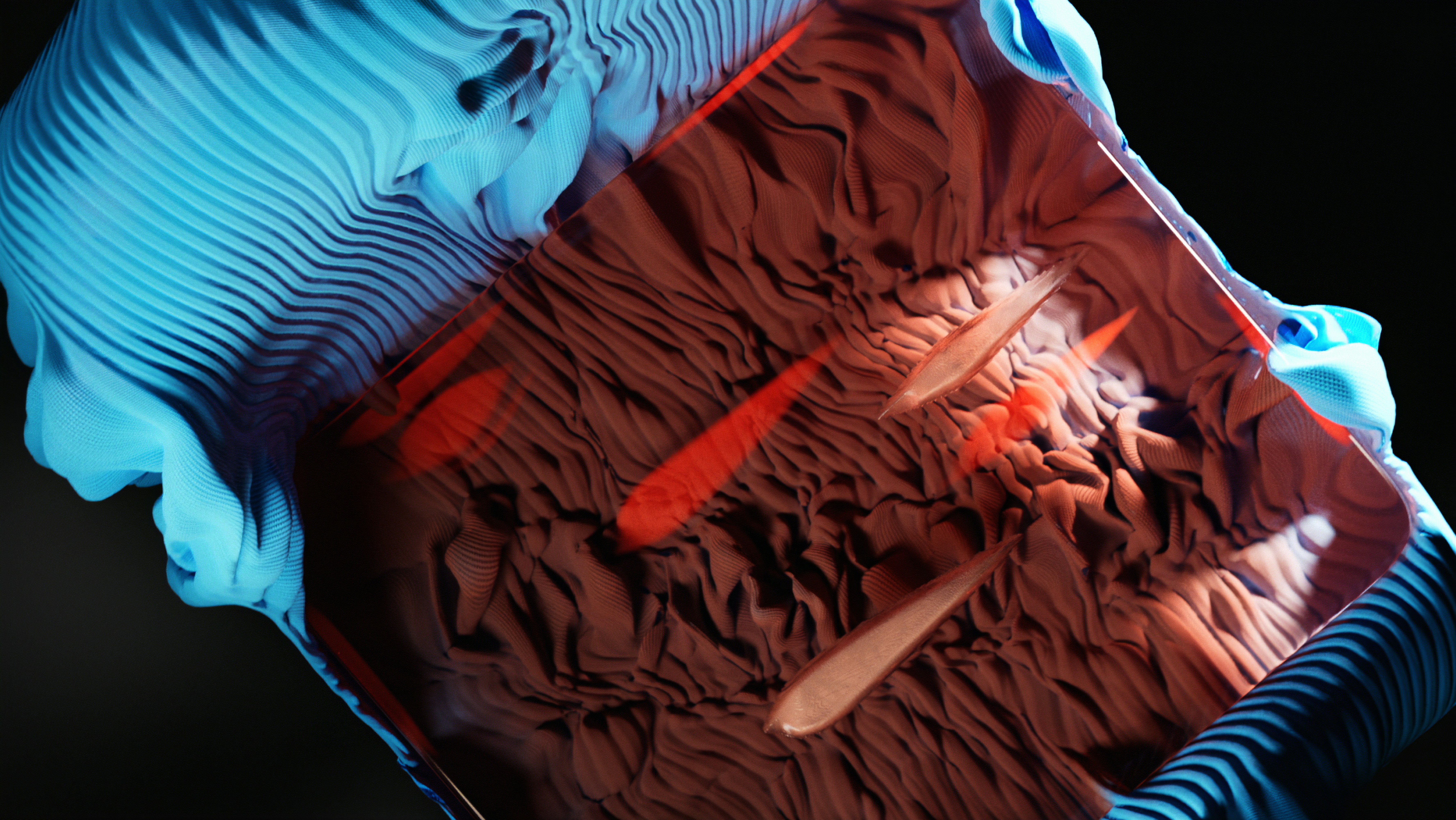 a close up of a red and blue object