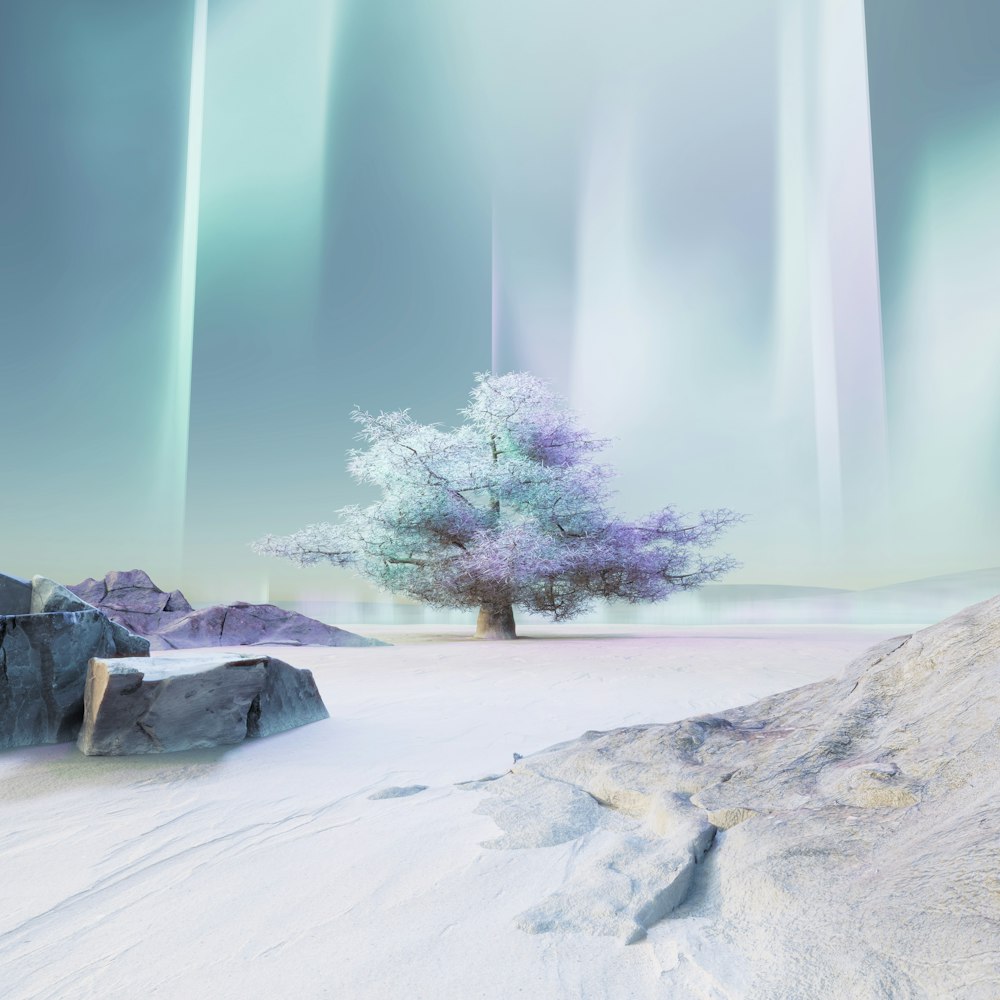 a digital painting of a tree in a snowy landscape